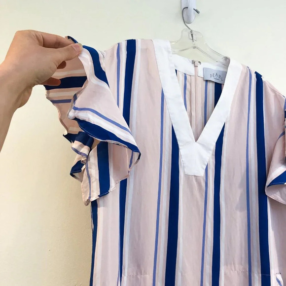 PEARL by Lela Rose Striped Ruffle Sleeve Pink Blue Designer Sheath Mini Dress S - Picture 4 of 10